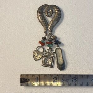 Tin Look Heart Brooch with Lock, Frame, and Slipper Charms